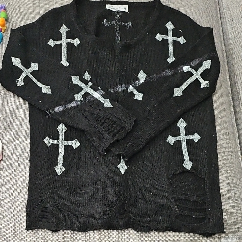 Black Distressed Sweater with Cross Design
